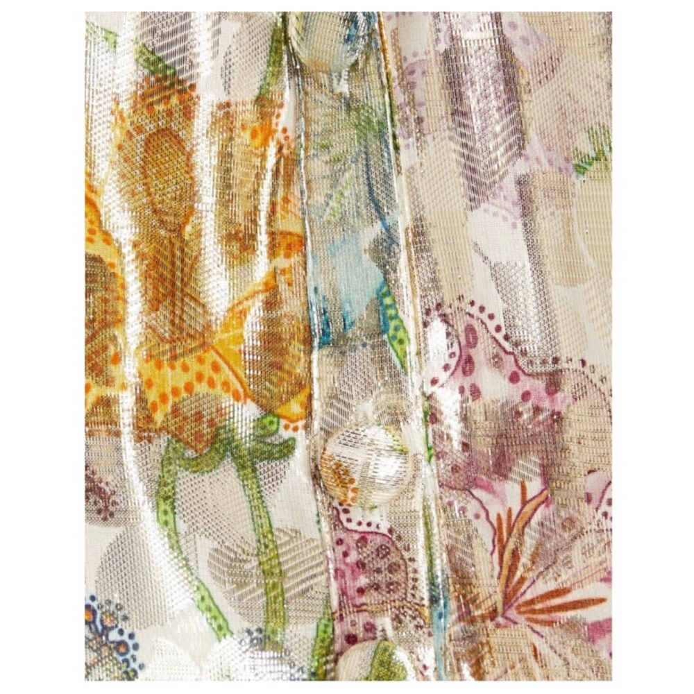 Hayley Menzies Bonita Shimmering Metallic Gold Floral Crop Blouse Button Down M - Picture 5 of 7